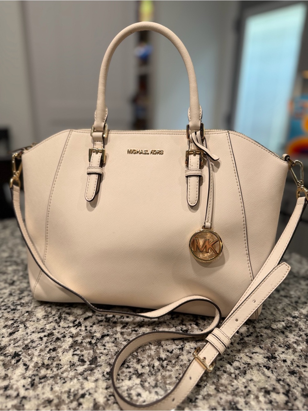 Michael Kors Ivory Saffiano Leather Satchel with Gold Tone Hardware